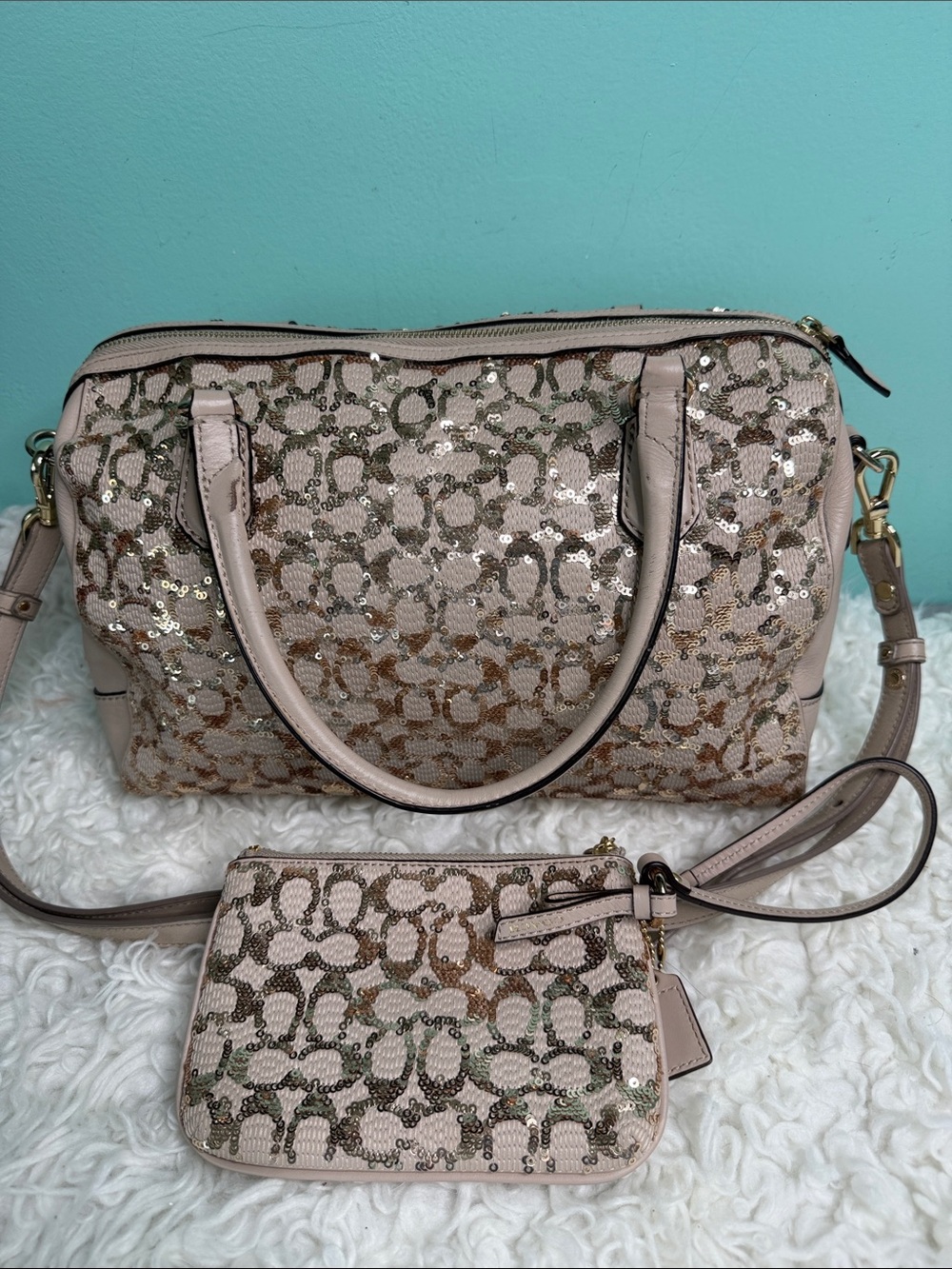 Coach Rare Poppy Glam Champagne   Gold Sequin Duffle Logo Satchel with Wristlet.